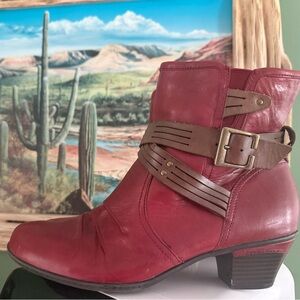 Earth Bordeaux Red Leather Ankle Boots | Size 11 | Buckle Detail & Heel